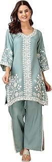 Women's Cotton Blend Chikankari Embroidery A-Line Kurta Palazzo Set