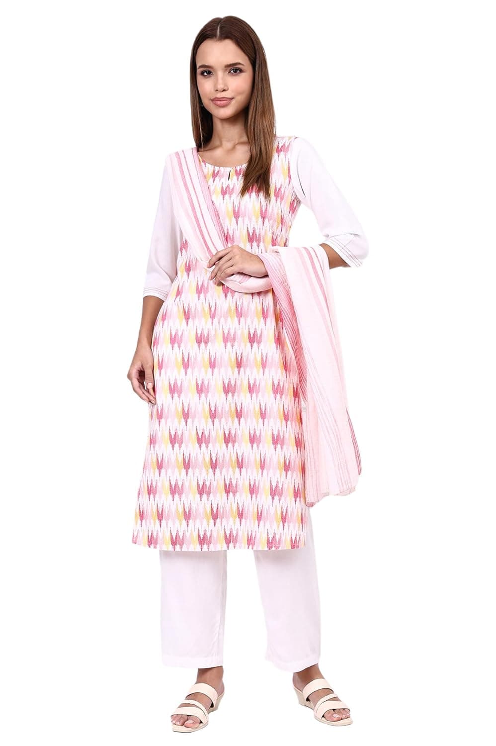 Aurelia Women's White Geometric Printed Cotton Rayon Straight Kurta, Trousers and Dupatta Set - Barkha Boutique Kishangarh