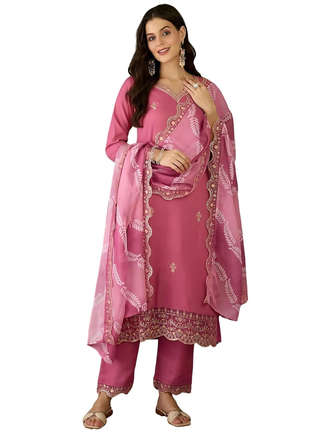 Navlik Women's Rayon Embroidered Straight Kurta with Pant and Dupatta Sets (NK-795)