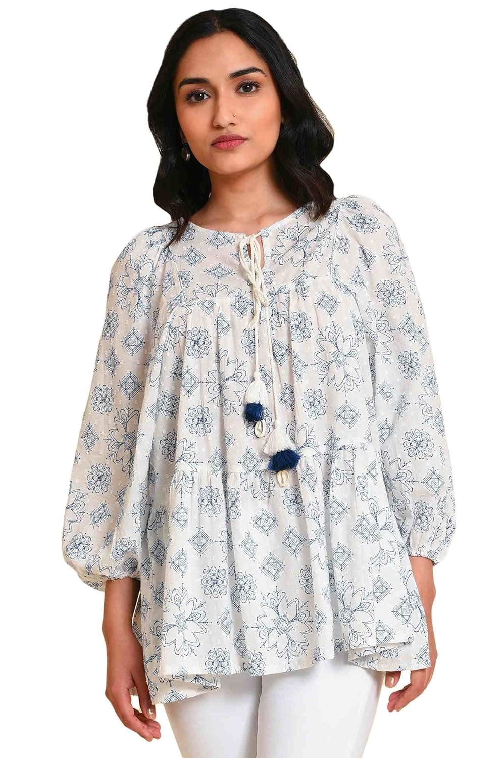 W for Woman White Geometric Print Gathered Top