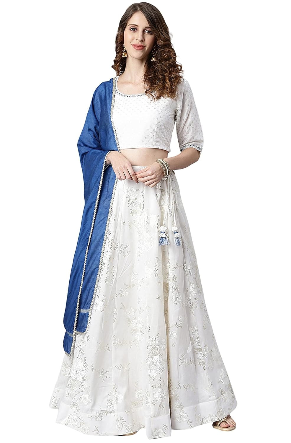 Janasya Women's White Poly Silk Lehenga Choli with Dupatta