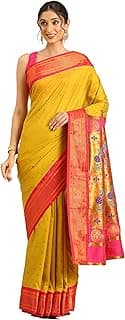 Maharani Paithani Saree 5.5 Meter Silk Blend with Copper Zari Peacock Pallu & Unstitched Blouse