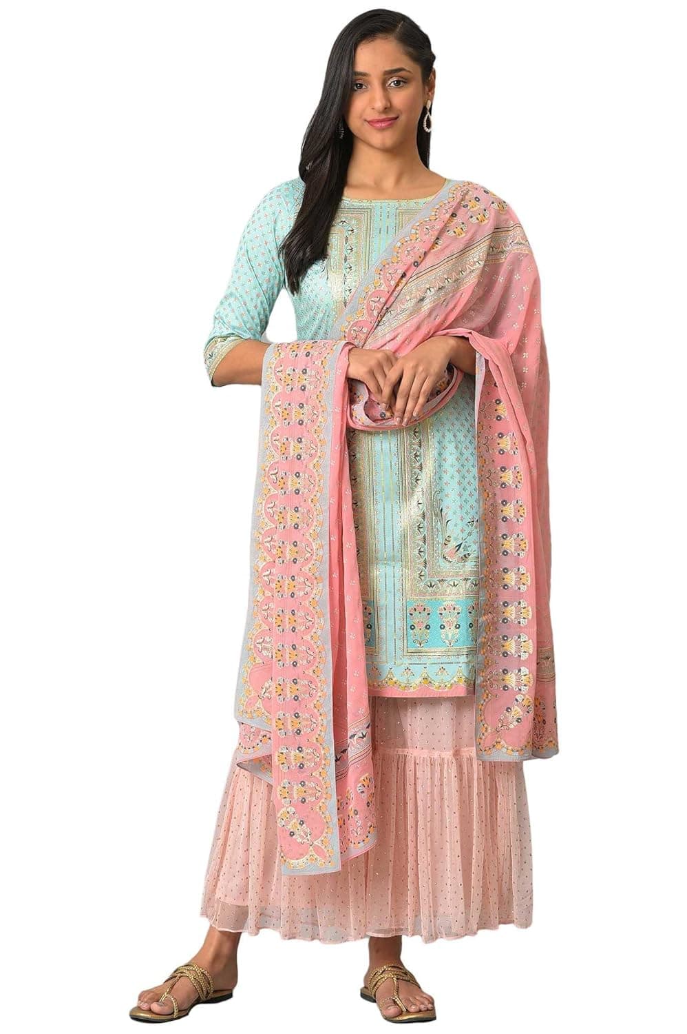 Liva Green Foil Printed Kurta With Sharara And Dupatta
