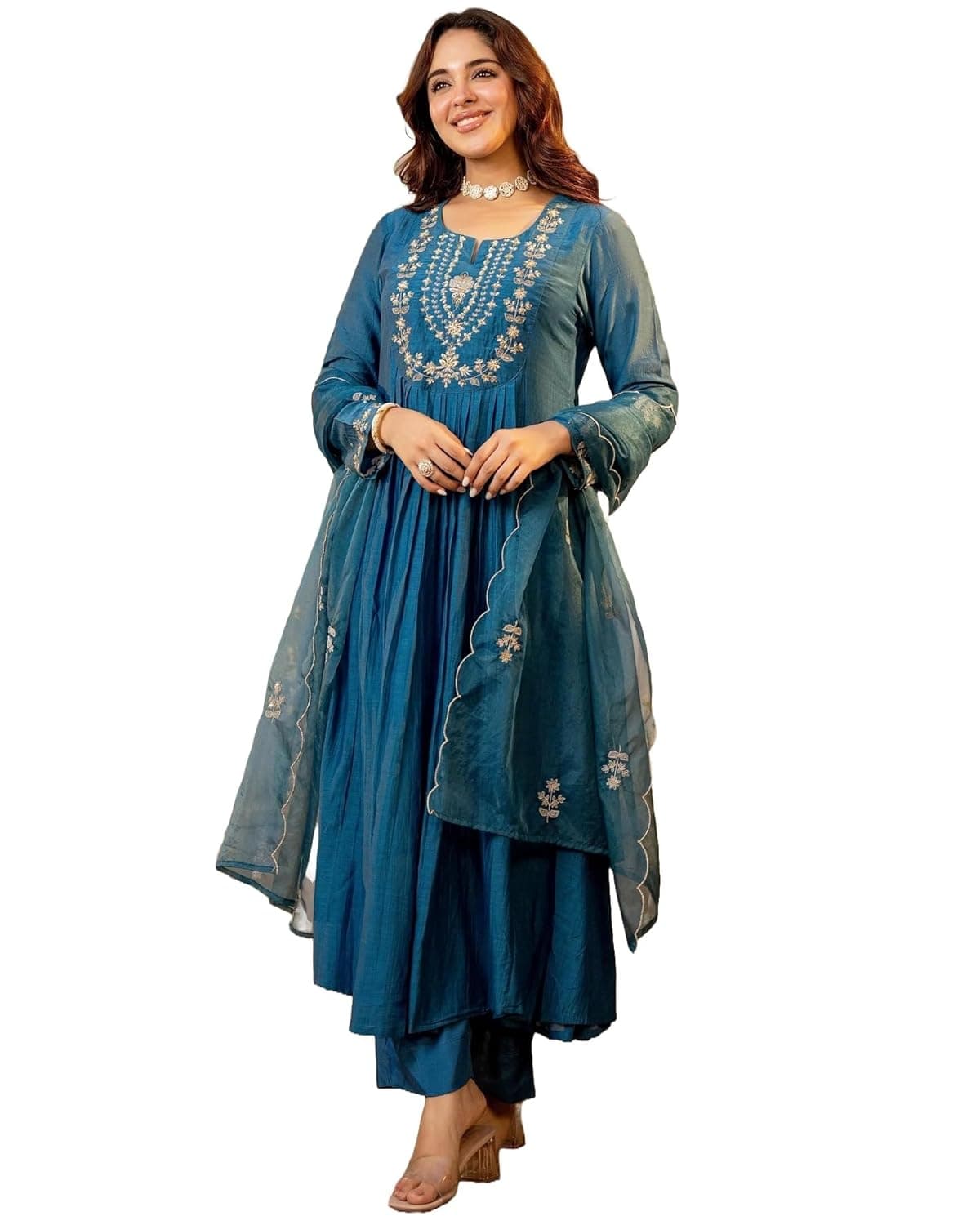 Nermosa Women Embroidery Solid A-Line Kurta and Pant Set with Dupatta