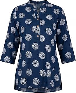Women’s Cotton Printed Kurti Top, 3/4 Sleeve Casual Ethnic Wear, Round Neck Stylish Blue Tunic for Daily & Office Wear