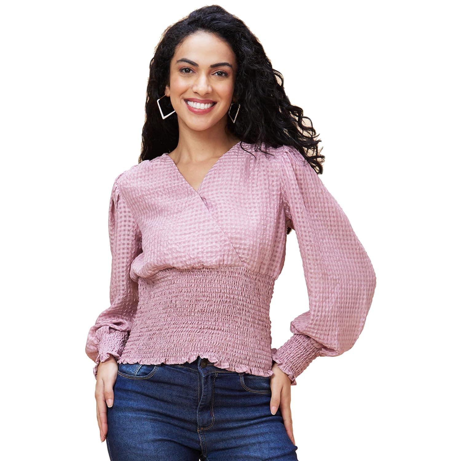 Globus Women Mauve Self Design Wrap V-Neck Smocked Waist Casual Top