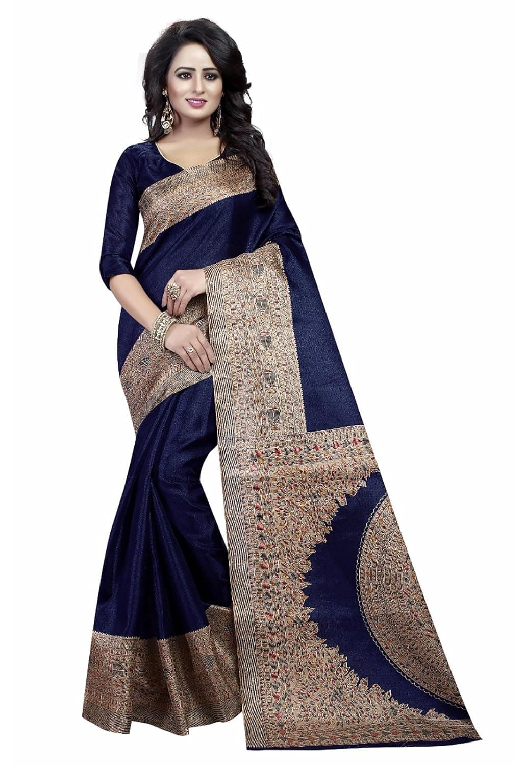 Ishin Women's Art Silk Navy Blue Saree with Blouse Piece