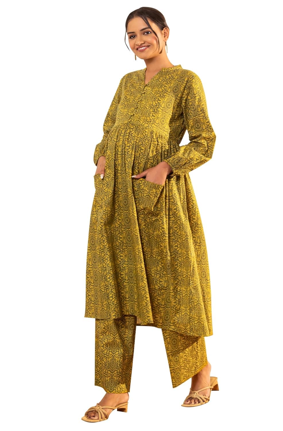 Janasya Women's Pure Cotton Floral Printed A-line Maternity Kurta Pant Set