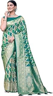 Women's Trendy Banarasi Satin Silk Woven Saree with Heavy Jacquard Work, Elegant Design with Matching Lace Border Unstitched Blouse Piece for Weddings
