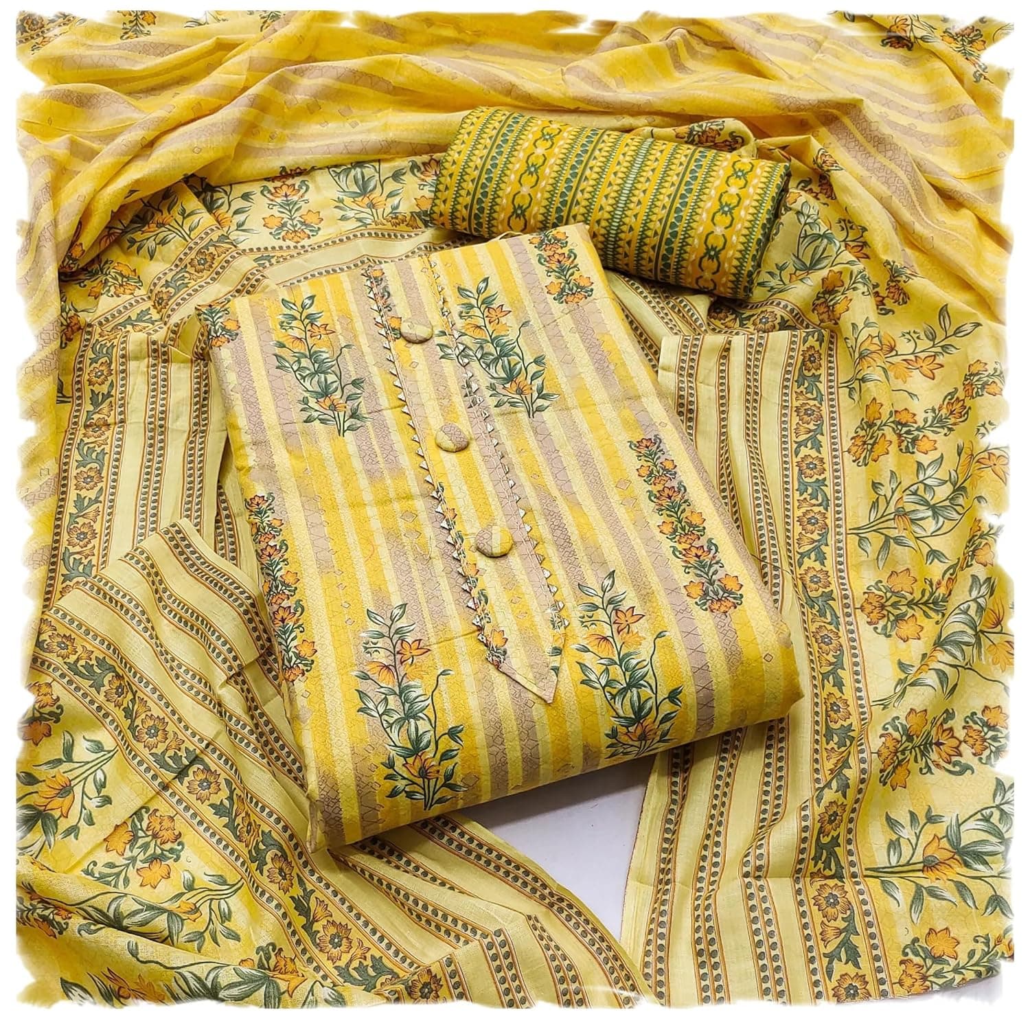 StyleScope Women's Cambric Cotton Batik Printed Unstitched Salwar Suit Dress Material With Printed Dupatta (DM Batik Yellow_Free Size)