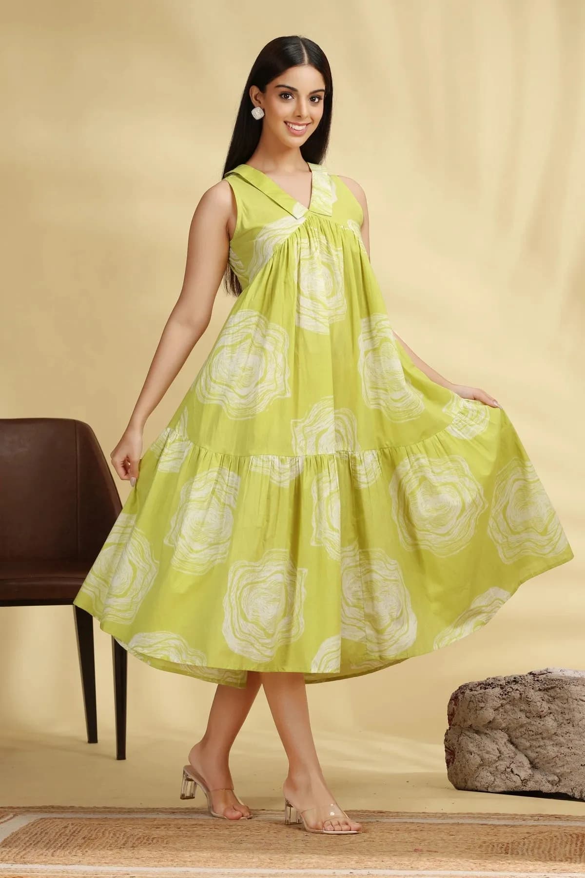 Pista Green Printed Cotton Flared Dress