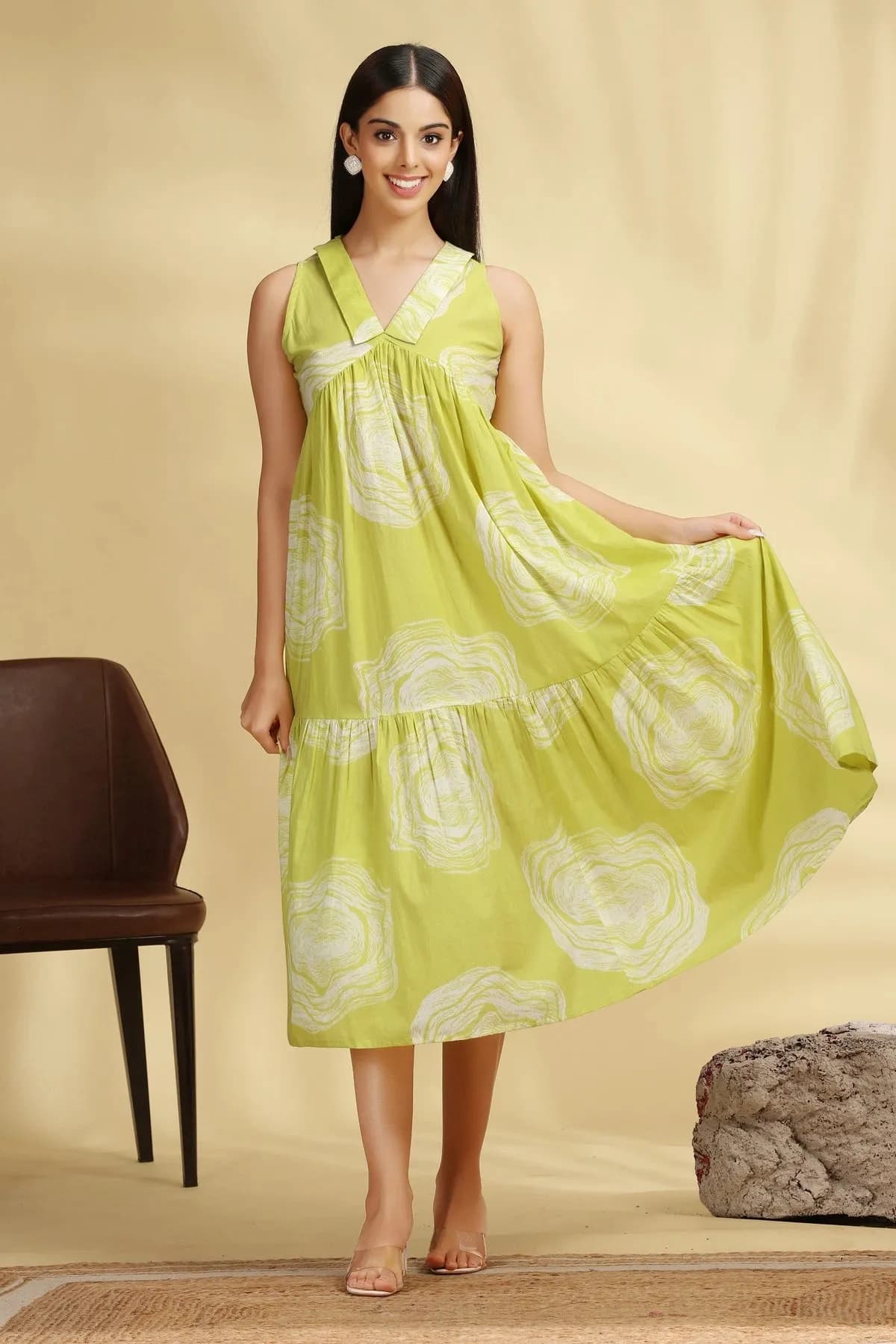 Pista Green Printed Cotton Flared Dress