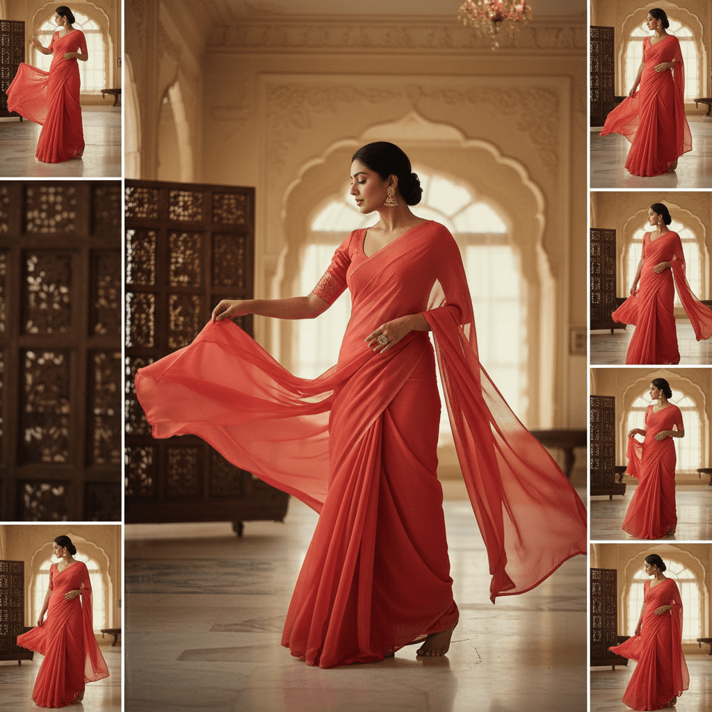 Woman gracefully draping a saree in the classic Nivi style with flowing fabric
