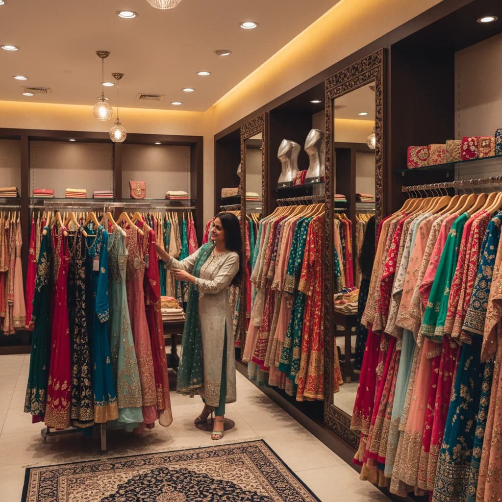 Woman browsing colorful readymade garments and ethnic wear at a boutique store