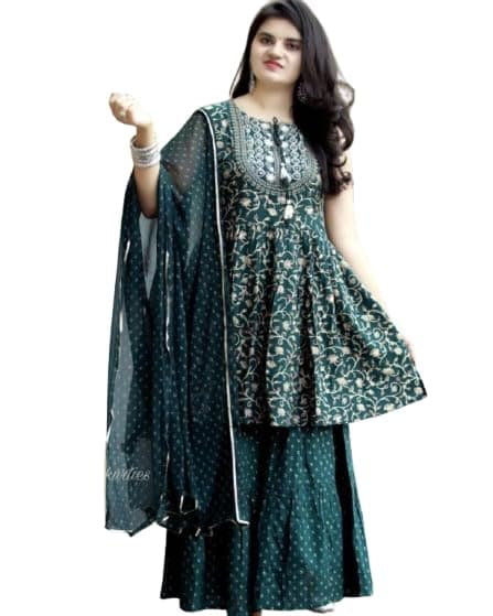 Jaipur Kurti Women Ethnic Print Cotton Short Kurta with Sharara & Dupatta