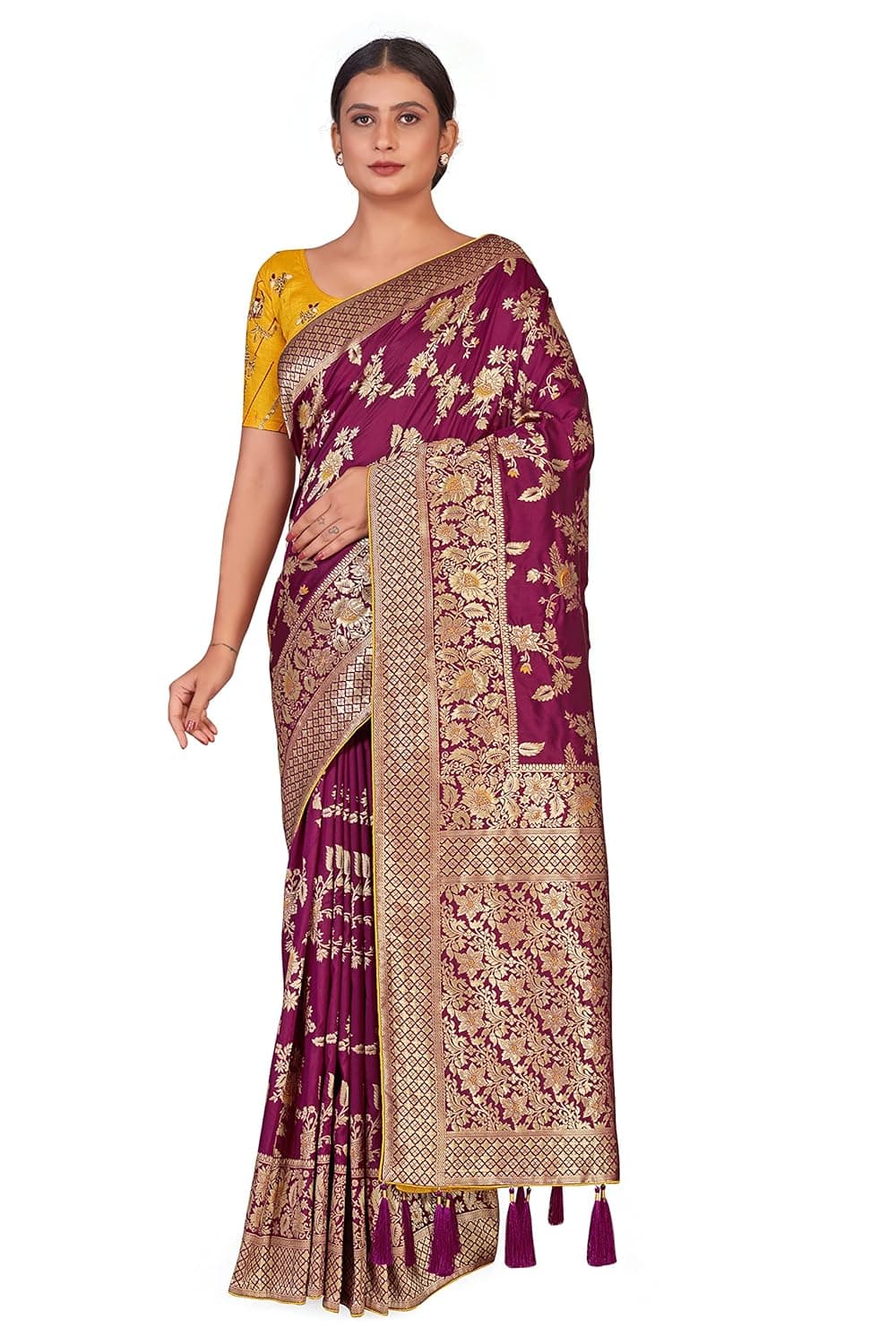 Monjolika Fashion Banarasi Silk Blend Zari Woven Saree with Tassels