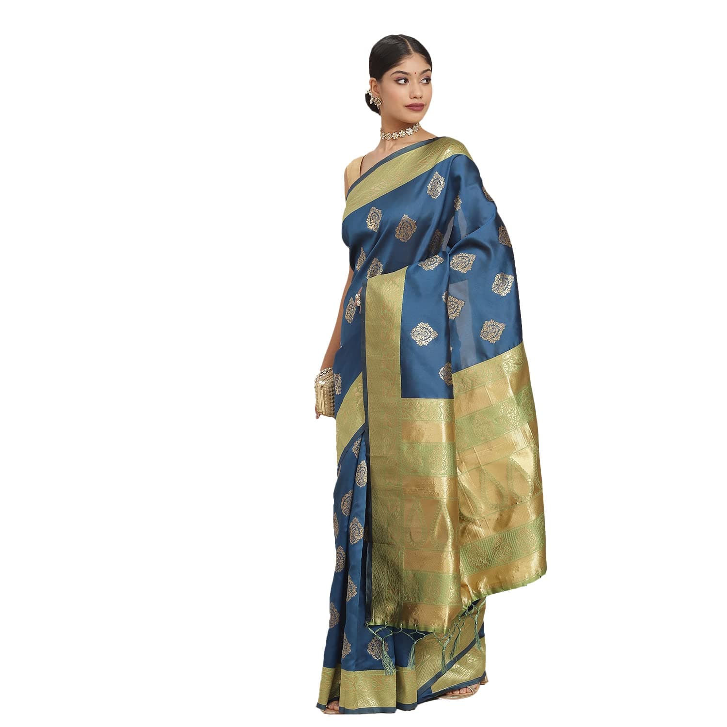 Ishin Women's Silk Blend Teal & Green Woven Design Saree with Blouse