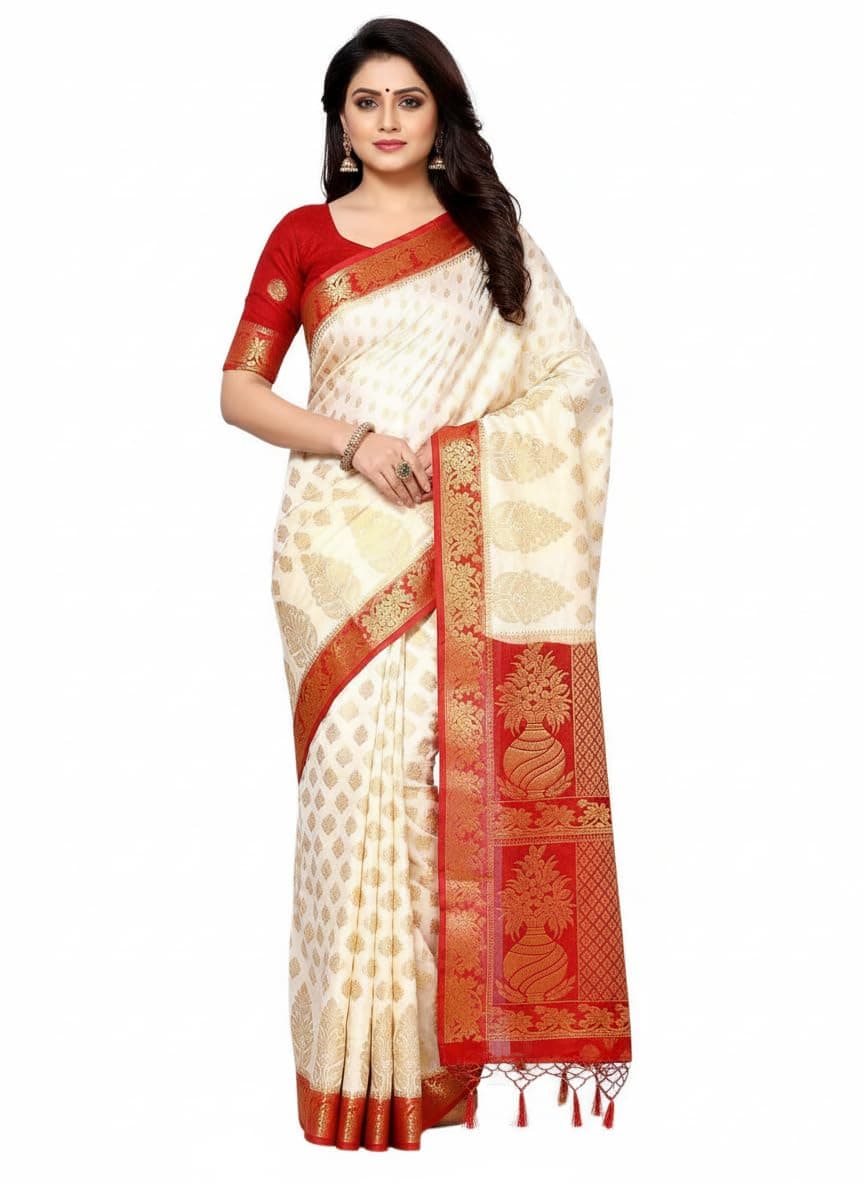 MIMOSA Women's Art Silk Saree Kanjivaram Style Beige