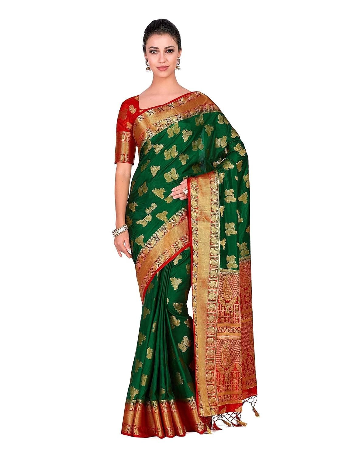 MIMOSA Women's Art Silk Kanjivaram Saree Green with Red Blouse