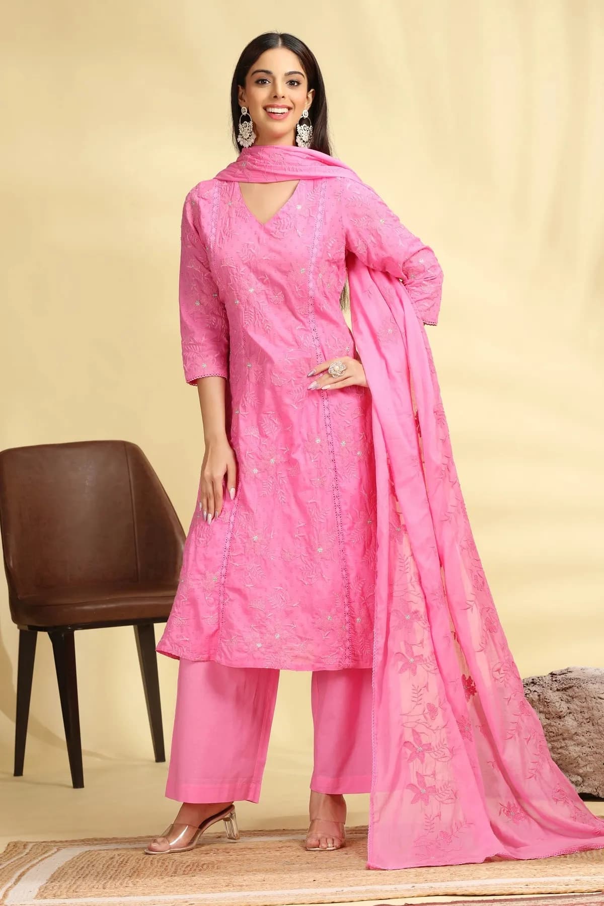 Baby Pink Embroidered Jacquard Cotton Straight Kurta Pant Dupatta Suit Set - Barkha Boutique Kishangarh