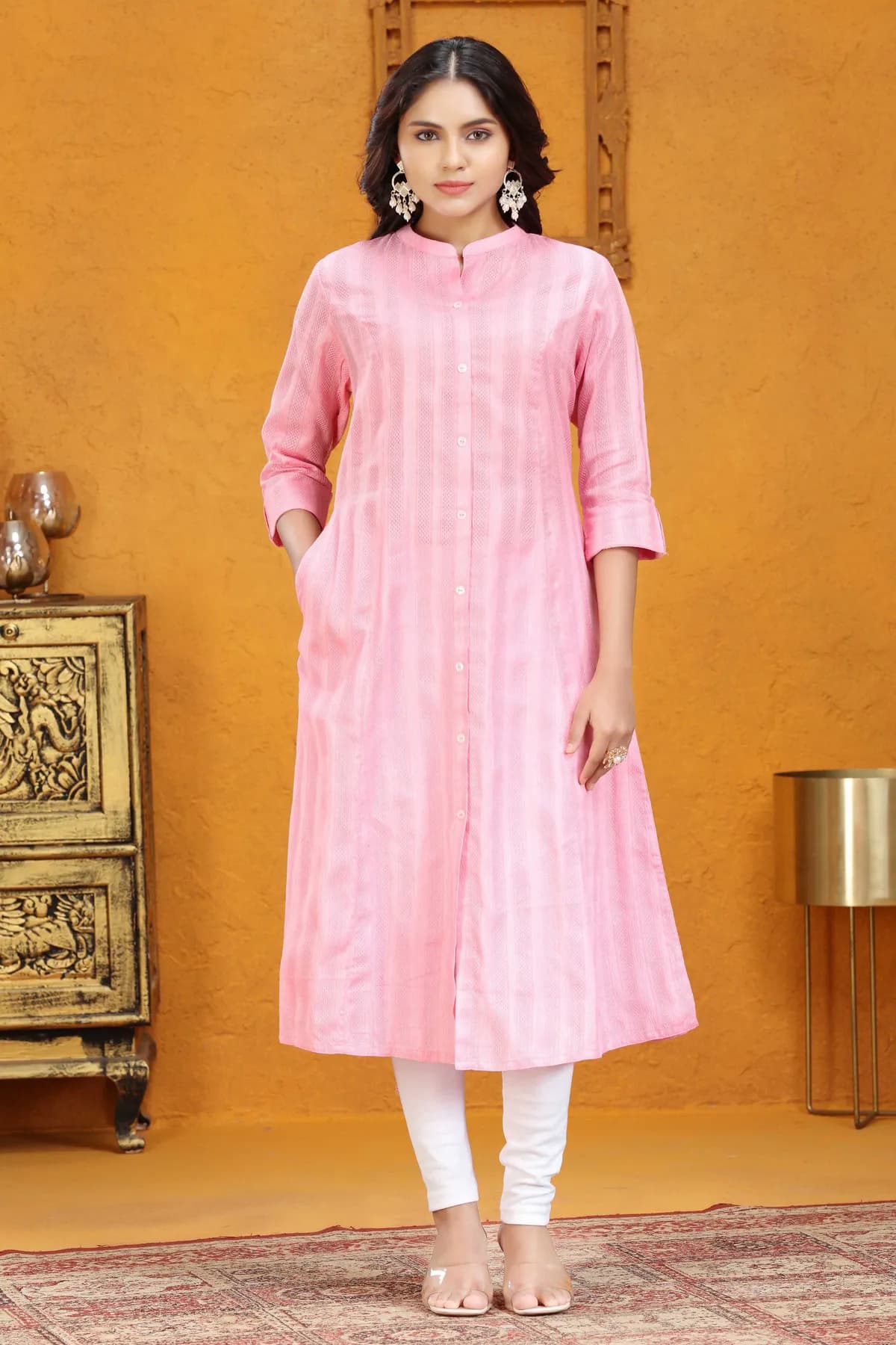 Baby Pink Cotton A Line Solid Kurta