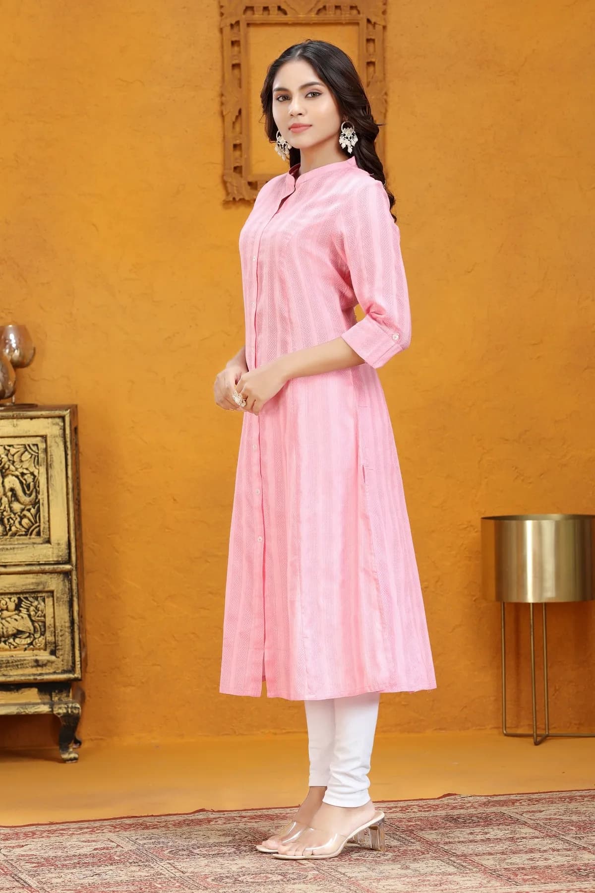 Baby Pink Cotton A Line Solid Kurta