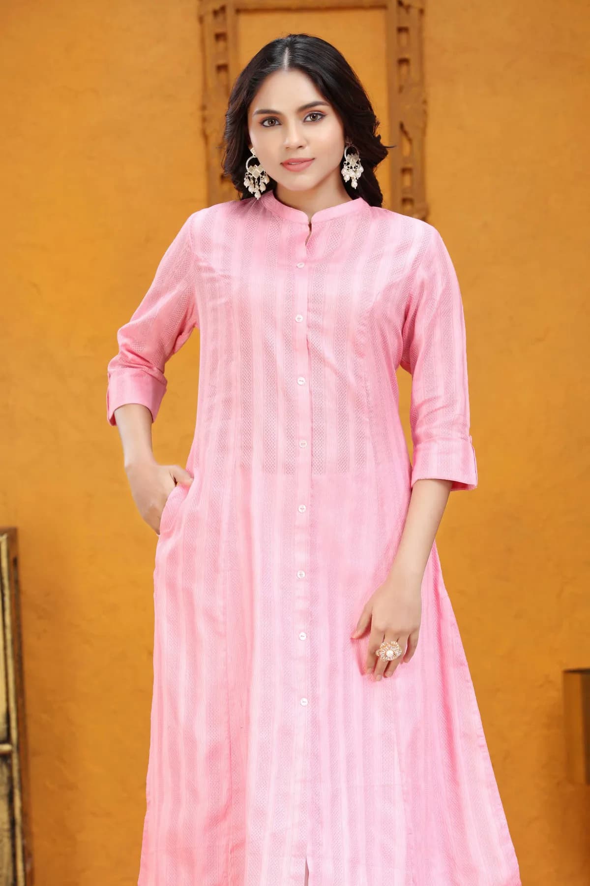 Baby Pink Cotton A Line Solid Kurta