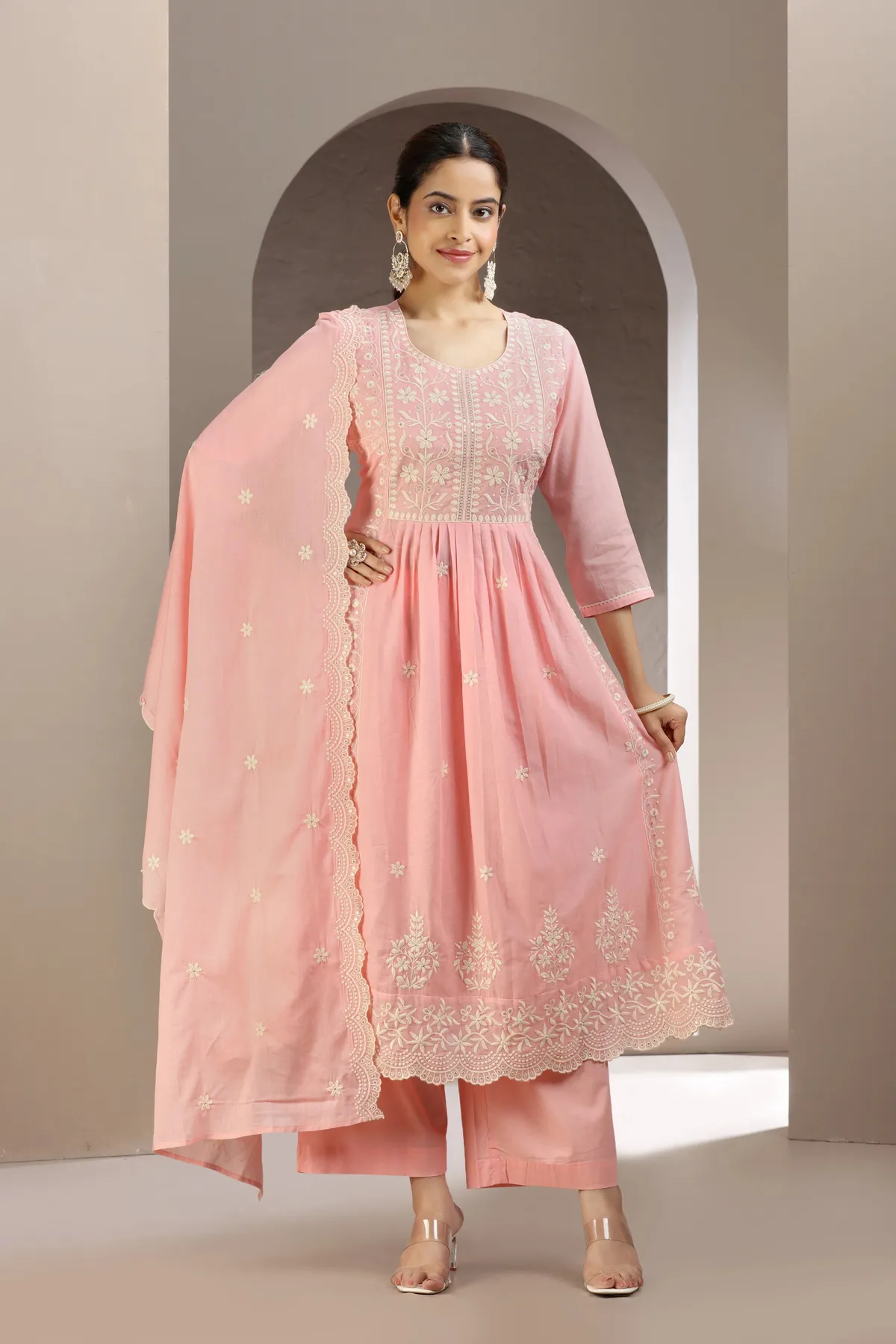 Baby Pink Malmal Cotton Embroidered A Line Kurta Pant & Dupatta Set - Barkha Boutique Kishangarh