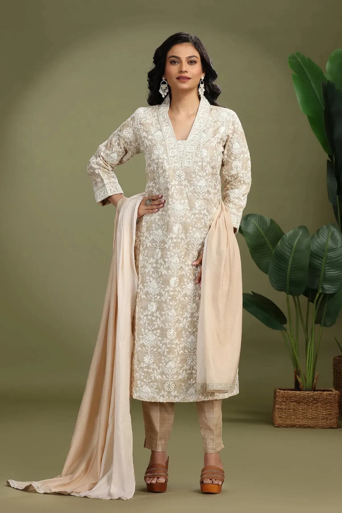 Beige Chanderi Embroidered A Line Kurta Pant and Dupatta Suit Set - Barkha Boutique Kishangarh