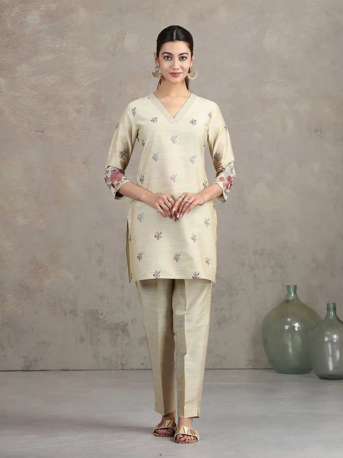 Beige Floral Embroidered Straight Co-ord Set - Barkha Boutique Kishangarh