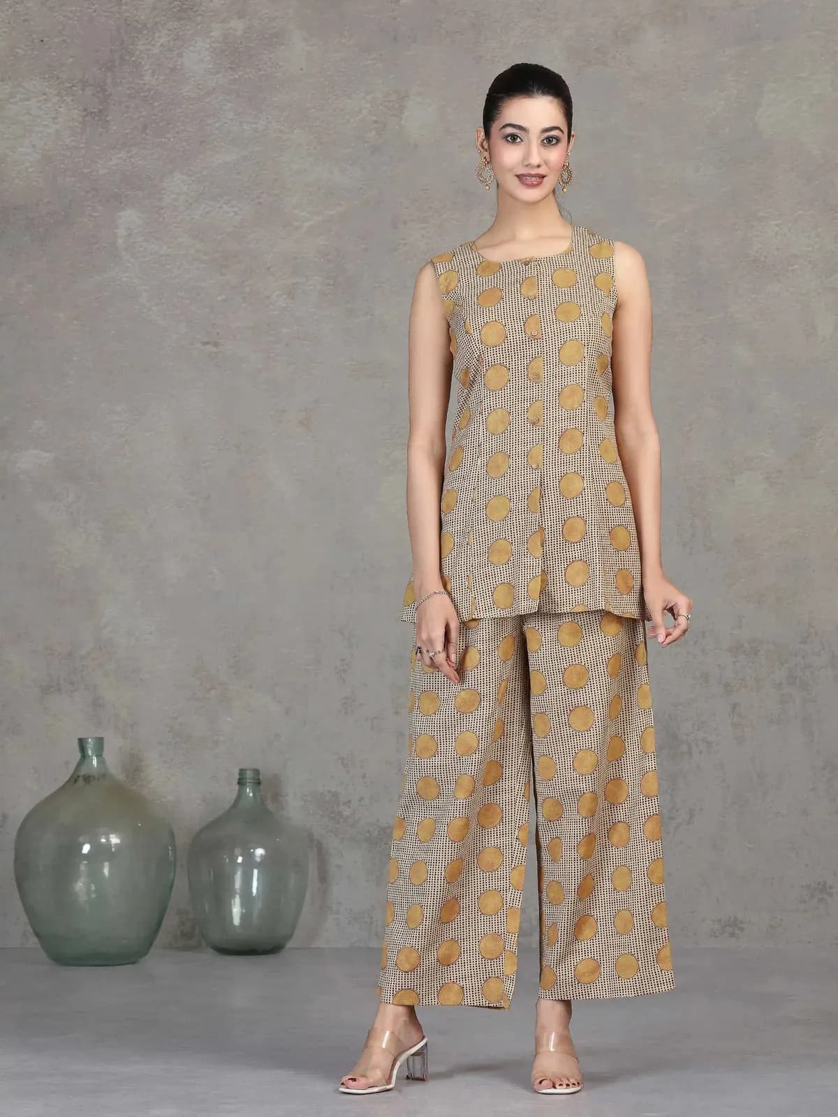 Beige Floral Printed Cotton Straight Co-ord Set - Barkha Boutique Kishangarh