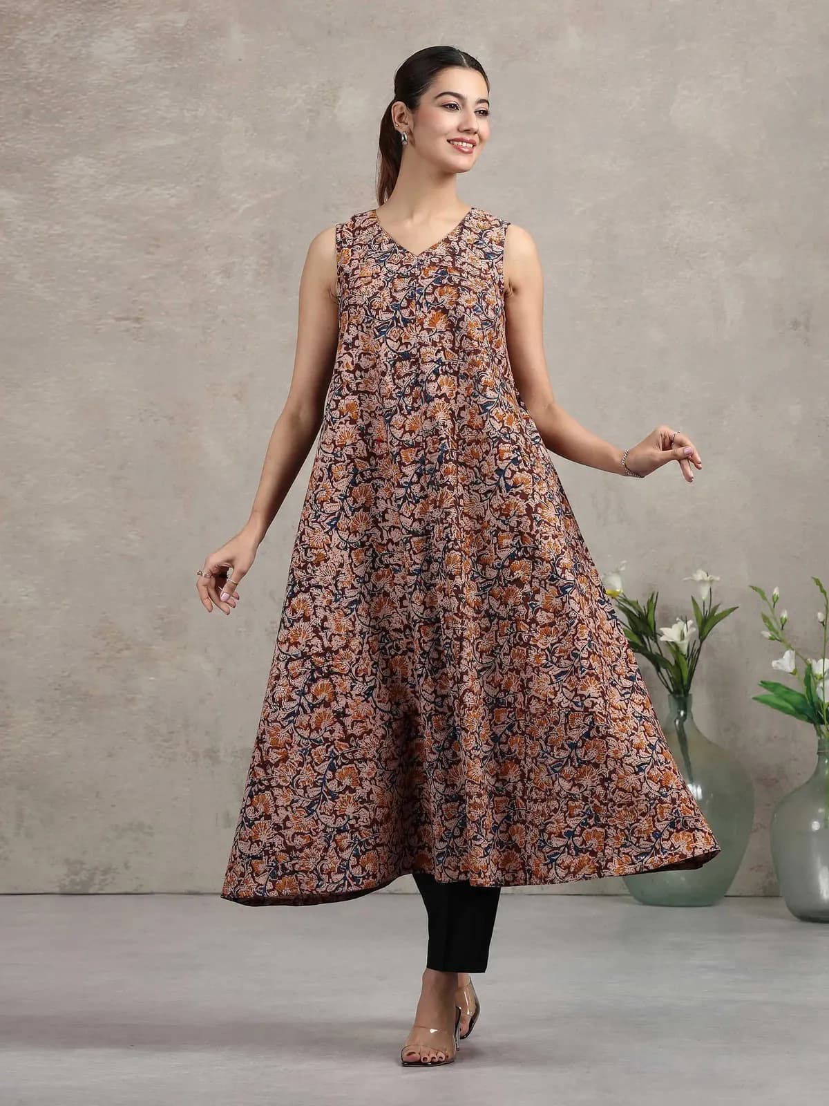 Beige Jaipuri Printed Cotton A-Line Kurta - Barkha Boutique Kishangarh