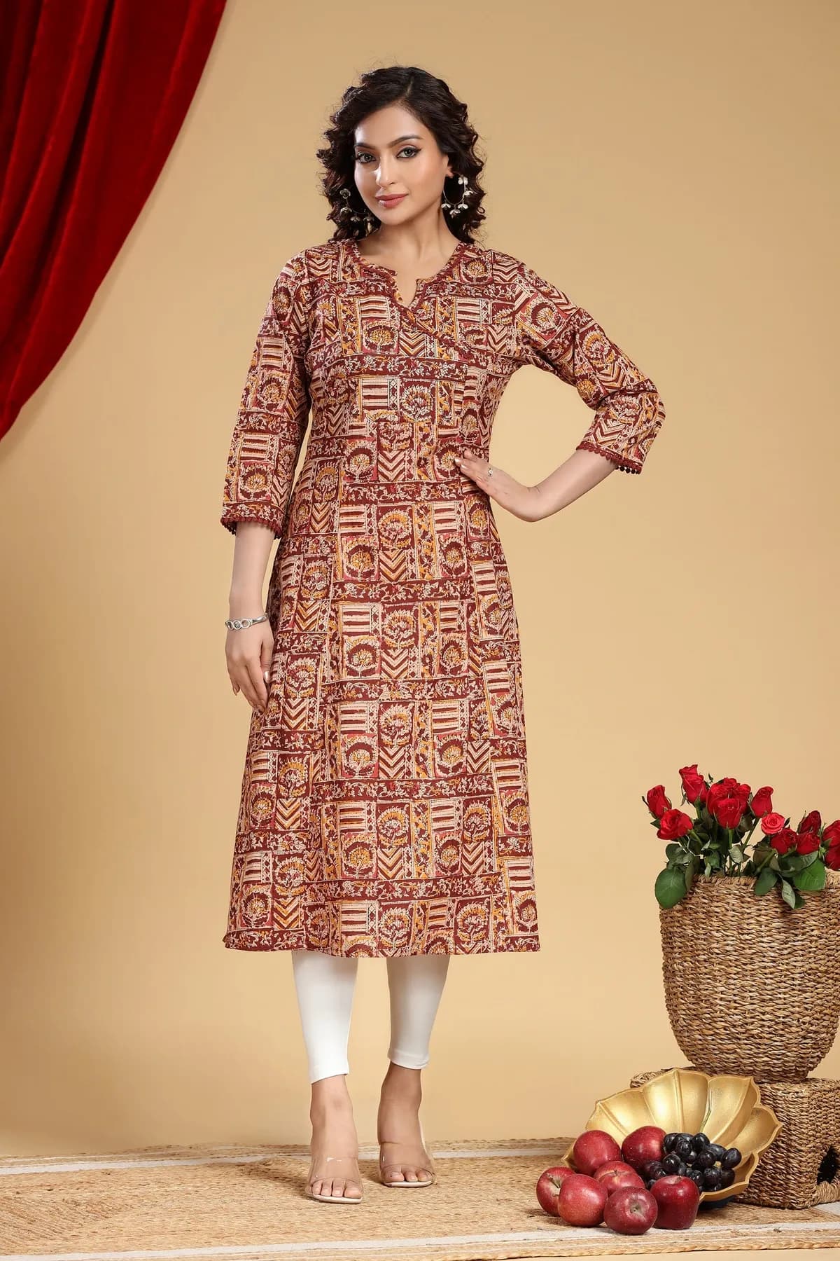 Beige & Maroon Cotton A Line Printed Kurta - Barkha Boutique Kishangarh