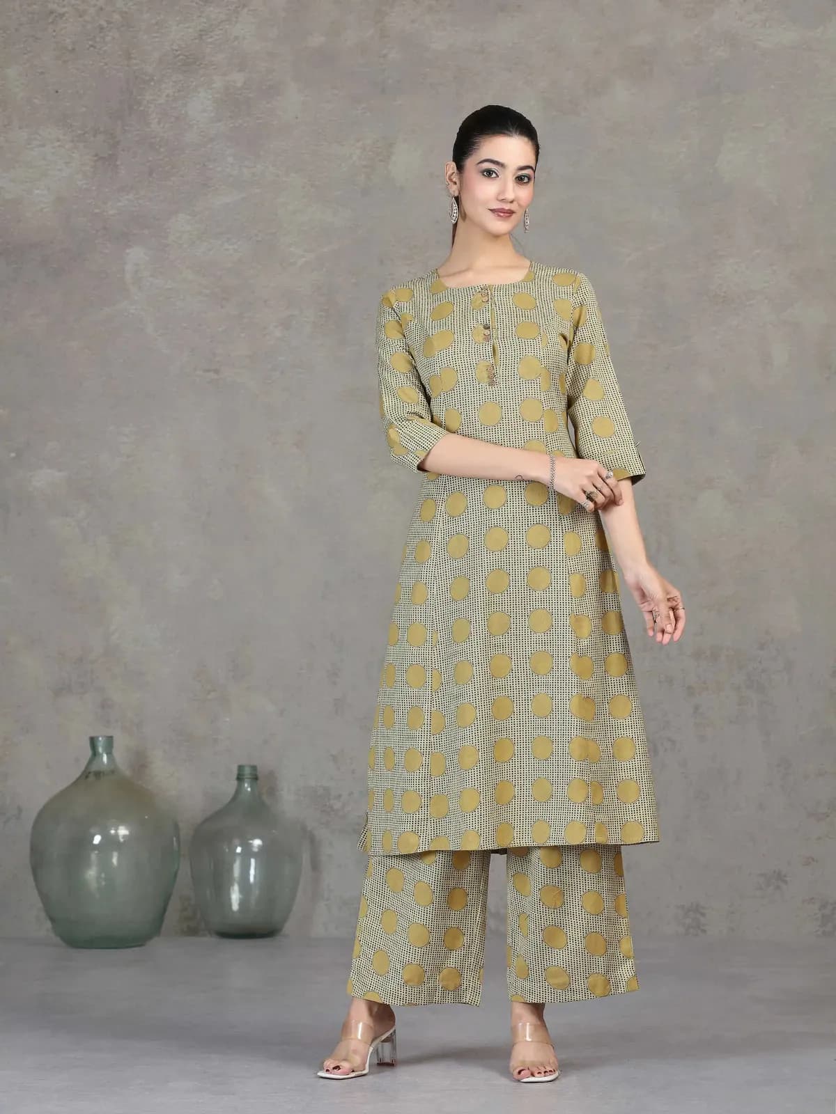 Beige Printed Cotton A-Line Co-ord Set - Barkha Boutique Kishangarh