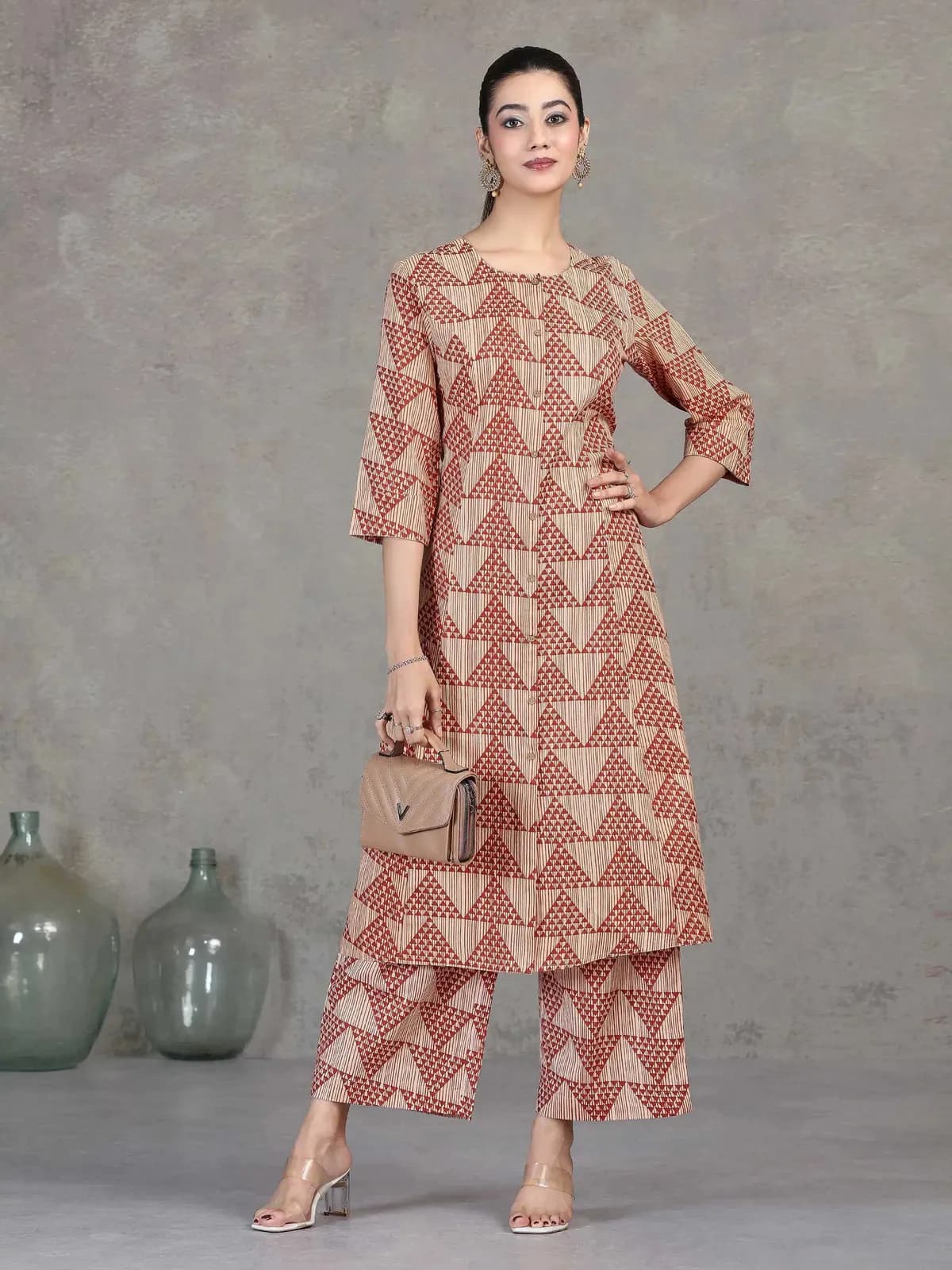 Beige Printed Straight Cotton Co-ord Set - Barkha Boutique Kishangarh