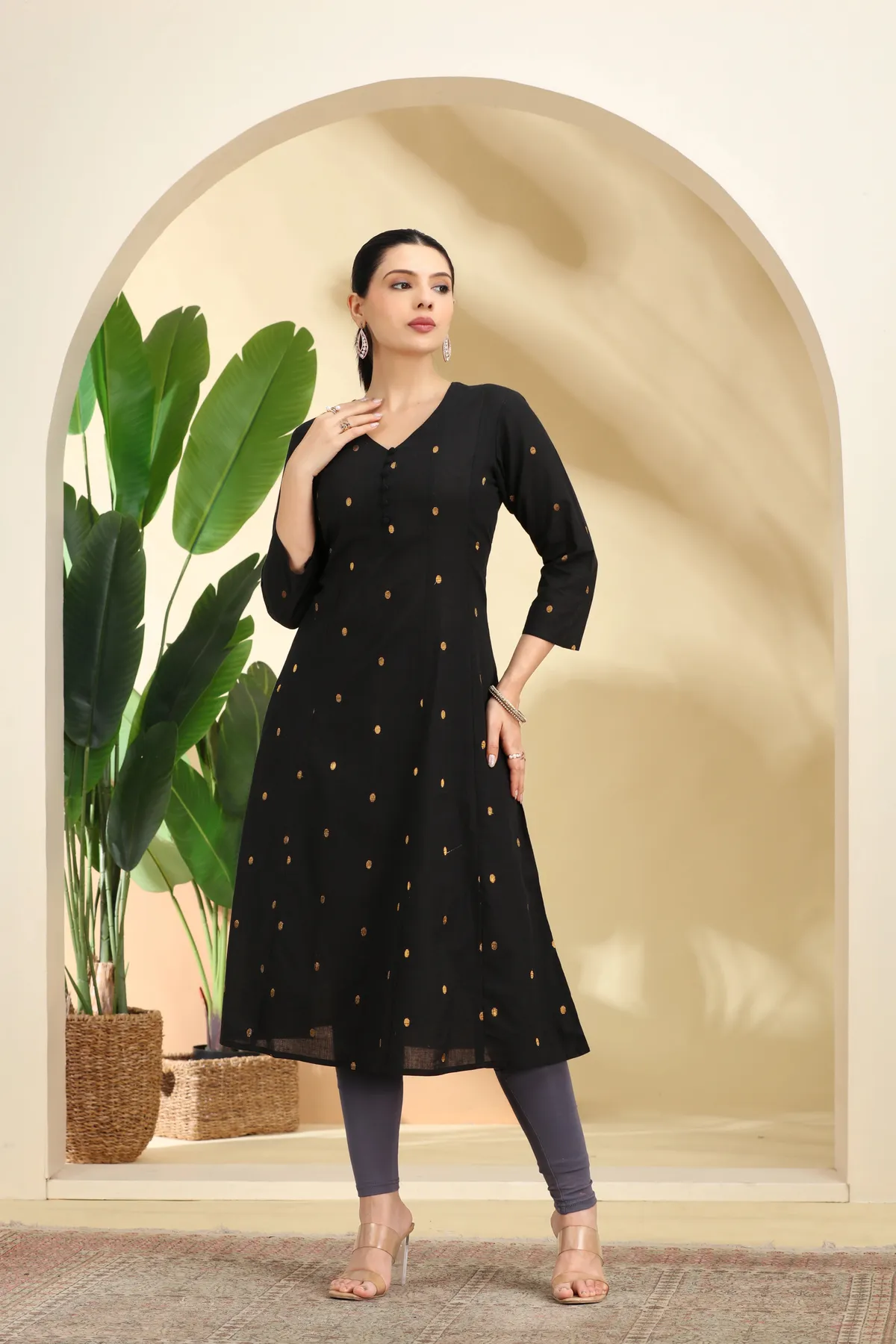 Black Polka Dot Pattern A-Line Kurta - Barkha Boutique Kishangarh
