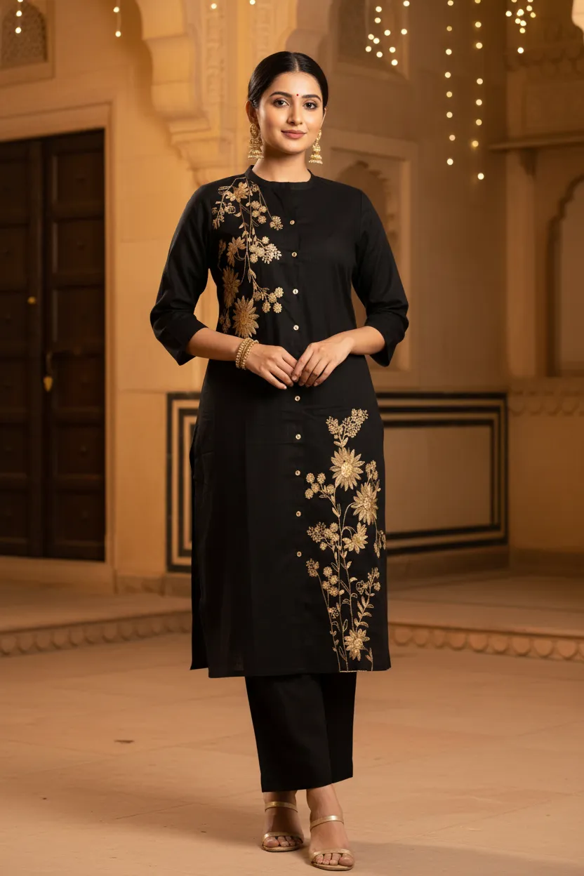 Black Embroidered Straight Co-ord Set - Barkha Boutique Kishangarh