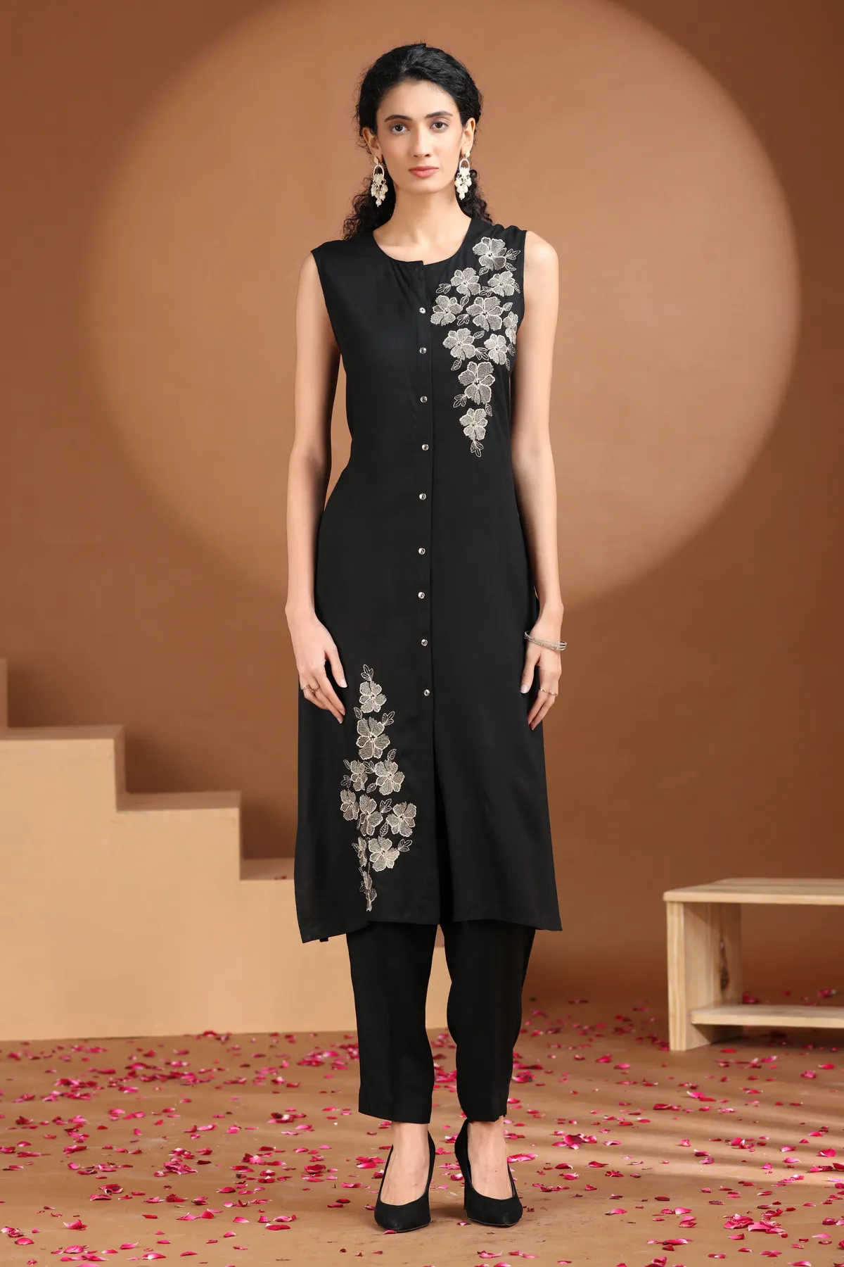 Black Embroidered Straight Co ord Set - Barkha Boutique Kishangarh