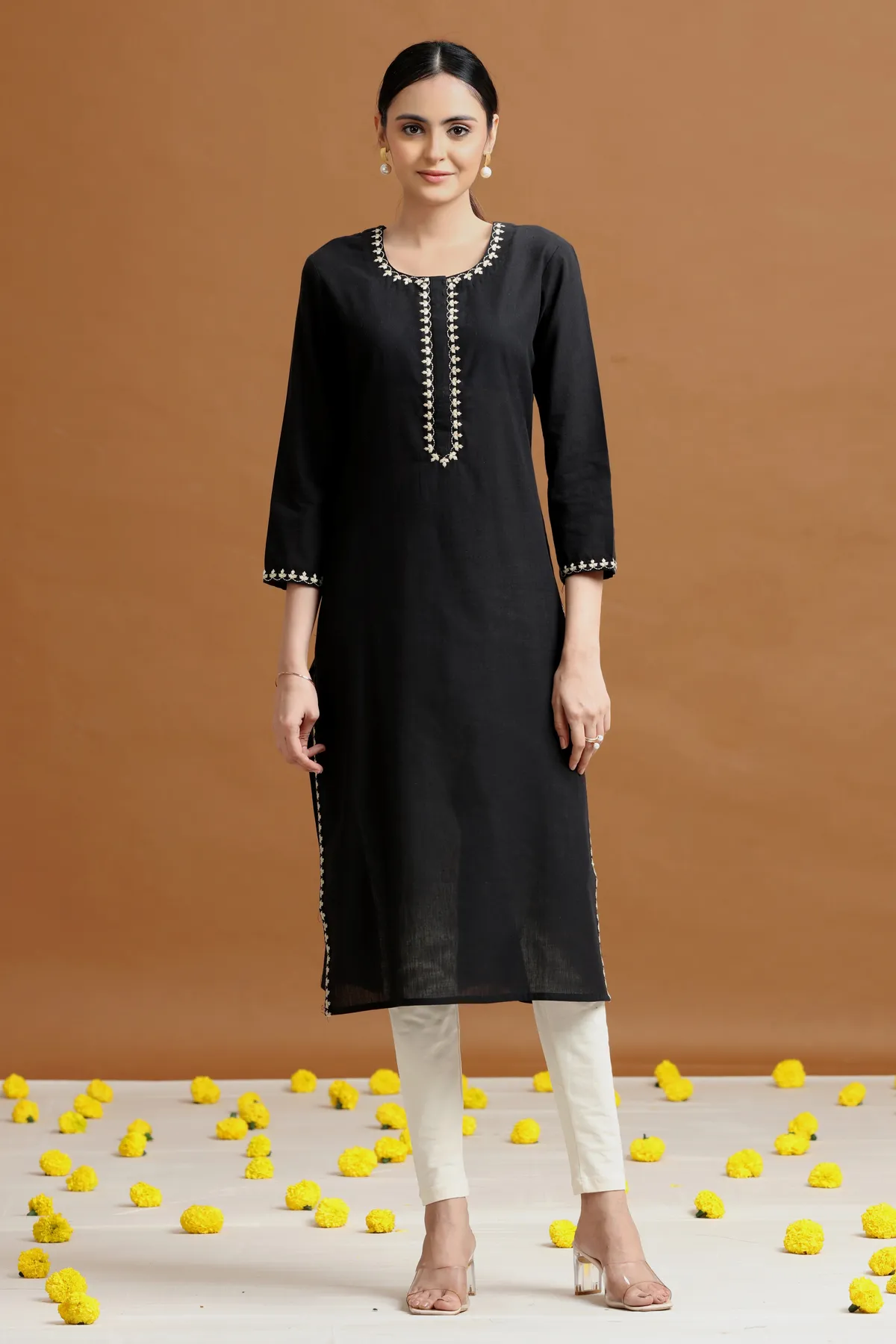 Black Embroidered Straight Cotton Kurta - Barkha Boutique Kishangarh