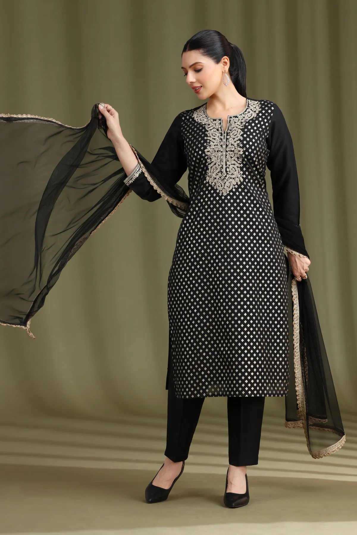 Black Embroidered Straight Ethnic Set - Barkha Boutique Kishangarh