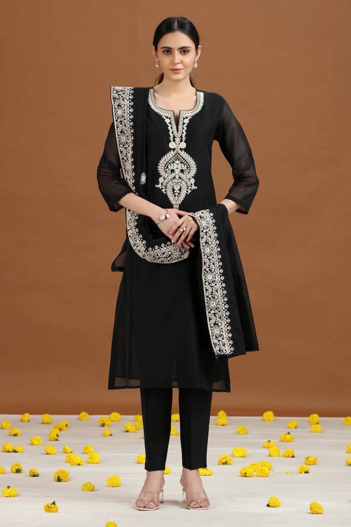 Black Embroidered Straight Ethnic Set - Barkha Boutique Kishangarh