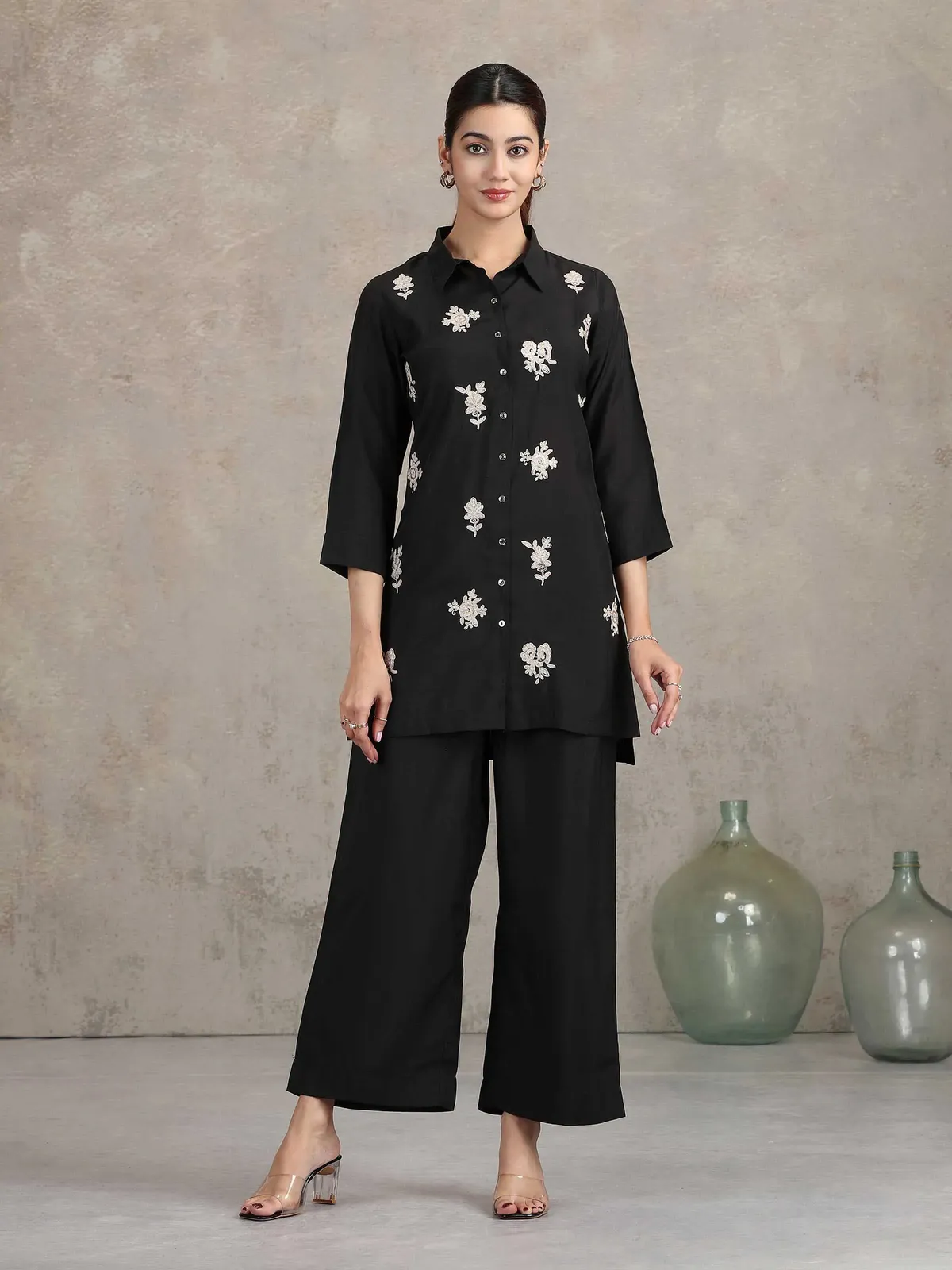 Black Floral Embroidered Straight Co-ord Set - Barkha Boutique Kishangarh