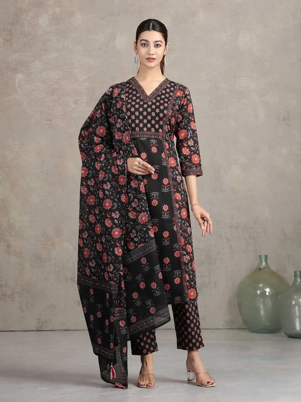 Black Floral Printed A-Line Ethnic Set - Barkha Boutique Kishangarh