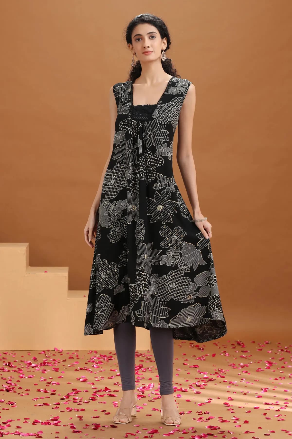 Black Floral Printed A-Line Kurta - Barkha Boutique Kishangarh