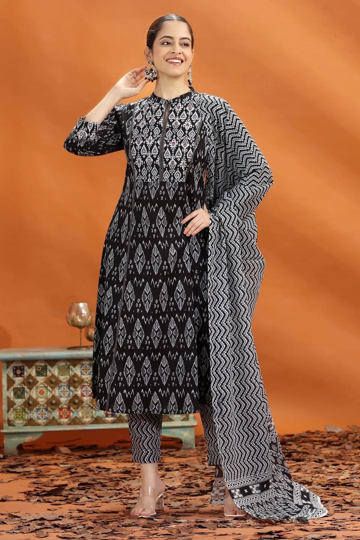 Black Jaipuri Cotton Straight Printed Kurta Pant and Dupatta Set - Barkha Boutique Kishangarh