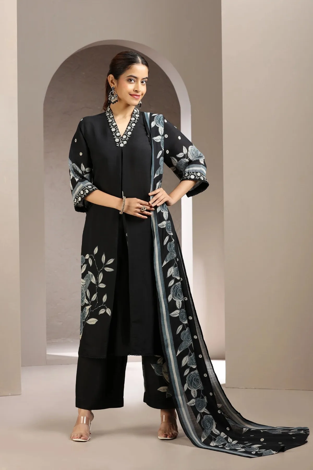 Black Roman Silk Embroidered Kurta Pant and Dupatta Set - Barkha Boutique Kishangarh