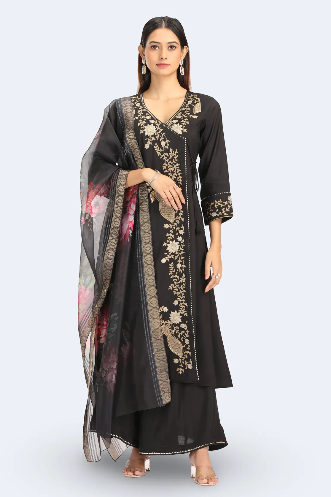 Black Roman Silk Embroidered A Line Kurta and Dupatta Set - Barkha Boutique Kishangarh