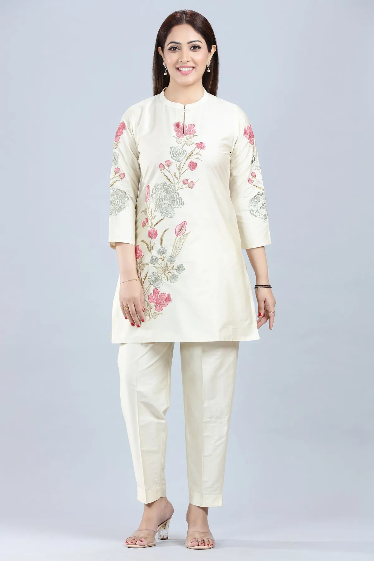 Cream Cotton Silk Straight Kurta Pant Co ord Set