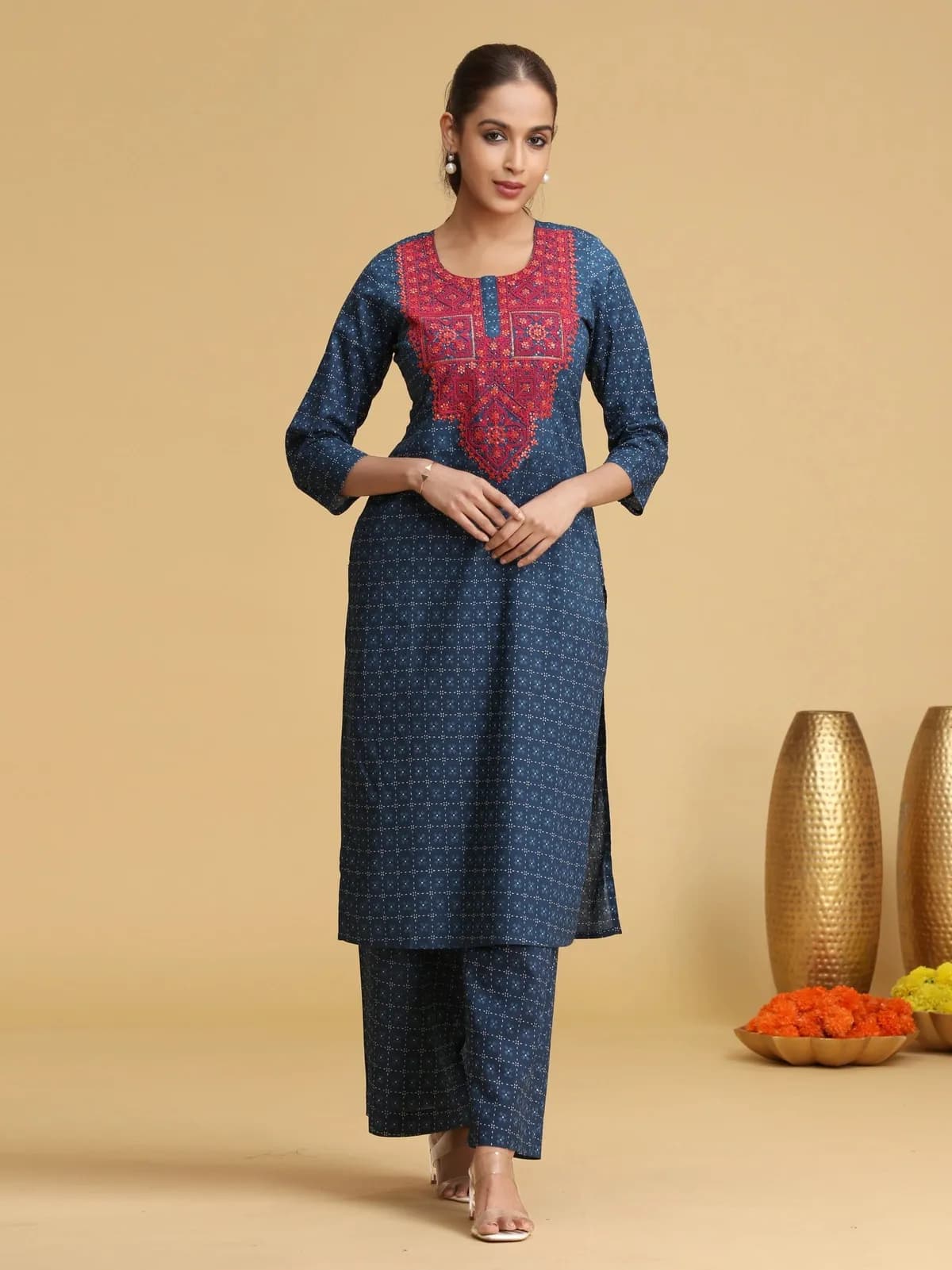 Blue Embroidered Cotton Straight Co-ord Set - Barkha Boutique Kishangarh