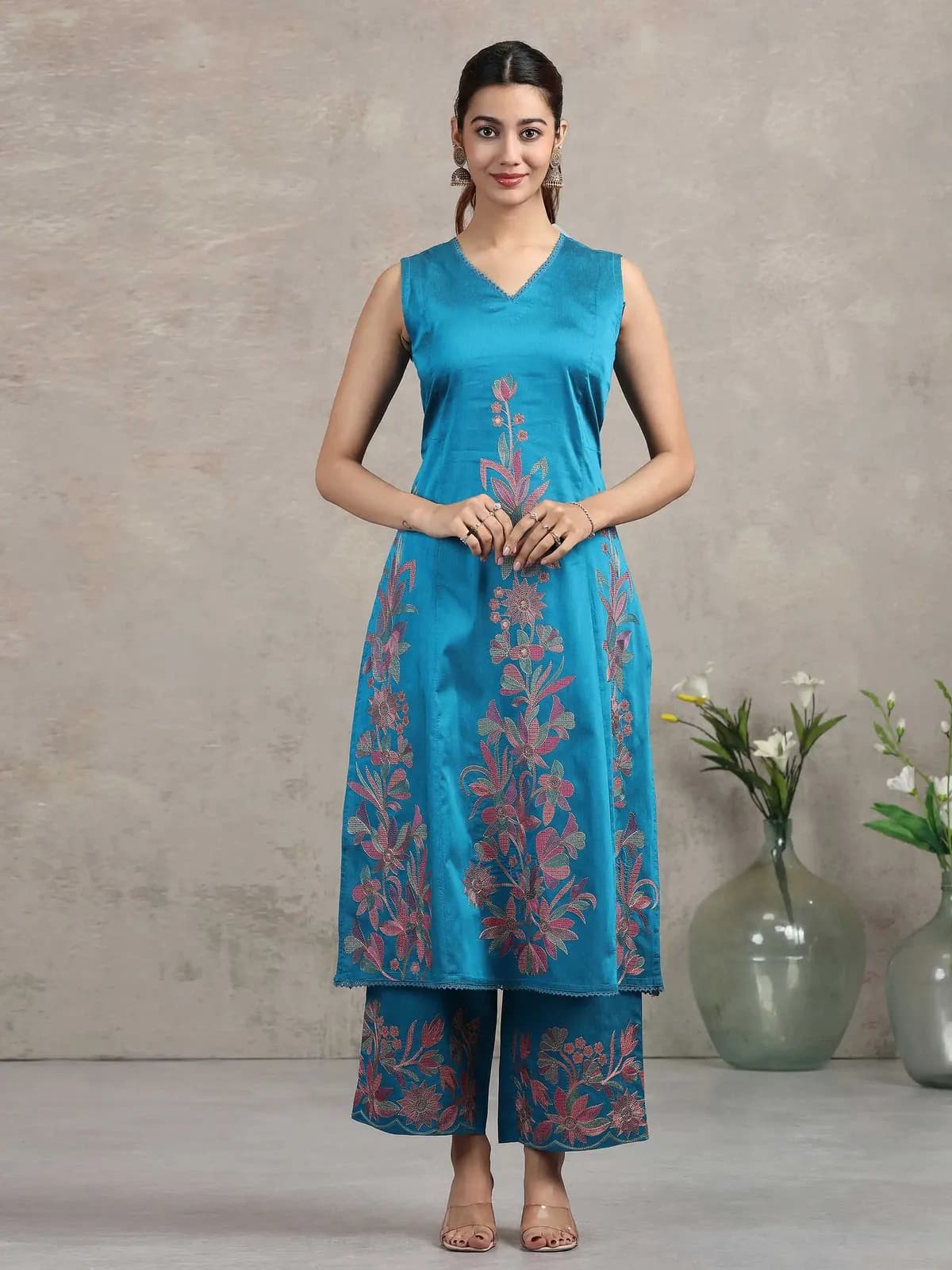 Blue Floral Embroidered A-Line Co-ord Set - Barkha Boutique Kishangarh